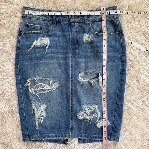 The Kooples Jeans denim distressed knee length skirt back slit SZ 25 blue pencil - Picture 4 of 7